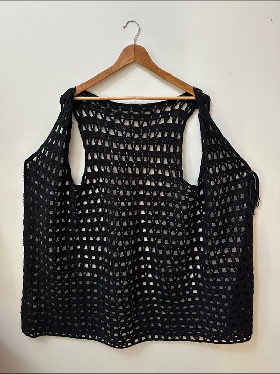Hand Crafted Sweaters - Hand Crafted Black Crochet Open Weave Long Vest